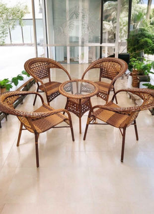 Terrana Classic Rattan Bistro Set – 5-Piece Handwoven Patio Lounge with Glass-Top Table