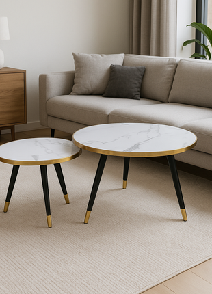 Aurelia Marble Nesting Tables – White Top with Gold Rim & Black Legs (Set of 2) - Orient Furniture Palace
