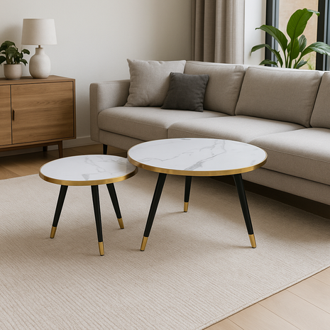 Aurelia Marble Nesting Tables – White Top with Gold Rim & Black Legs (Set of 2)