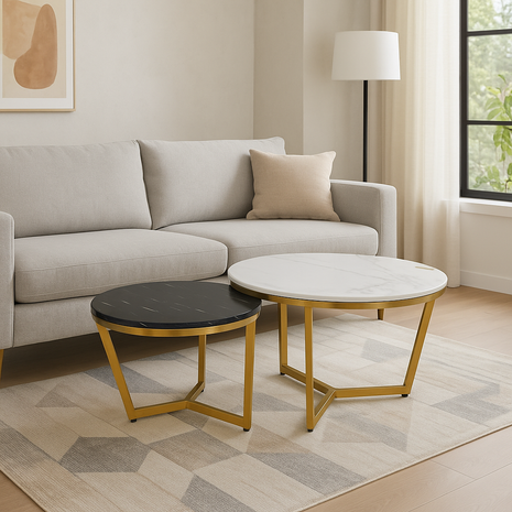 Lunara Duo – Black & White Marble Nesting Tables with Gold Angular Base (Set of 2) - Orient Furniture Palace