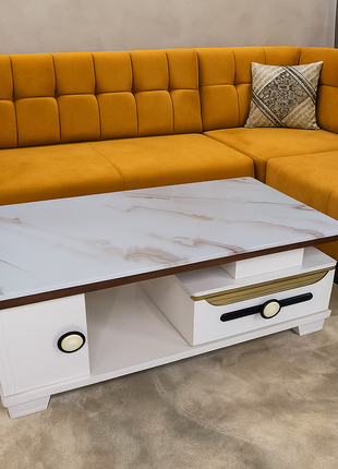 Contemporary White Coffee Table with Marble Finish & Gold Accents – Luxury Storage Design - Orient Furniture Palace