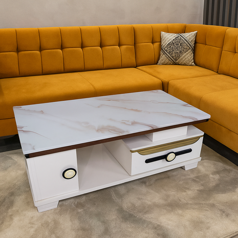 Contemporary White Coffee Table with Marble Finish & Gold Accents – Luxury Storage Design - Orient Furniture Palace