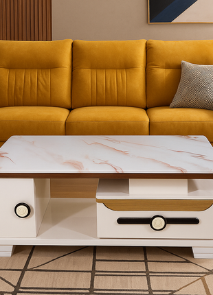 Contemporary White Coffee Table with Marble Finish & Gold Accents – Luxury Storage Design - Orient Furniture Palace