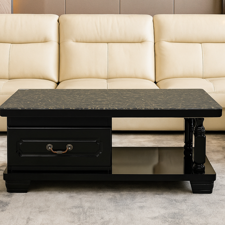 Classic Black Coffee Table with Gold-Vein Marble Top – Antique-Style Drawer Handle - Orient Furniture Palace
