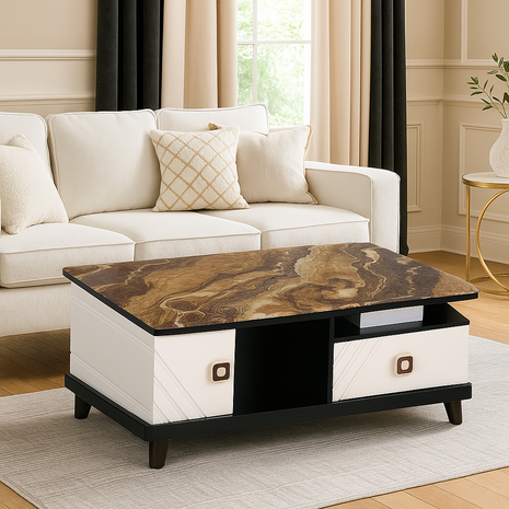 Luxury Marble Top Center Table – Contemporary Design with Storage (Brown & White) - Orient Furniture Palace