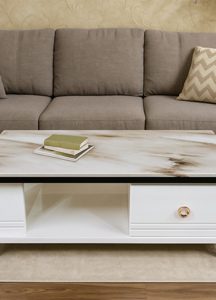 Aurora White Marble-Top Coffee Table with Drawer & Open Shelf - Orient Furniture Palace