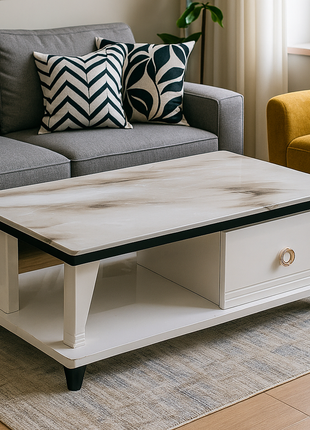 Aurora White Marble-Top Coffee Table with Drawer & Open Shelf - Orient Furniture Palace
