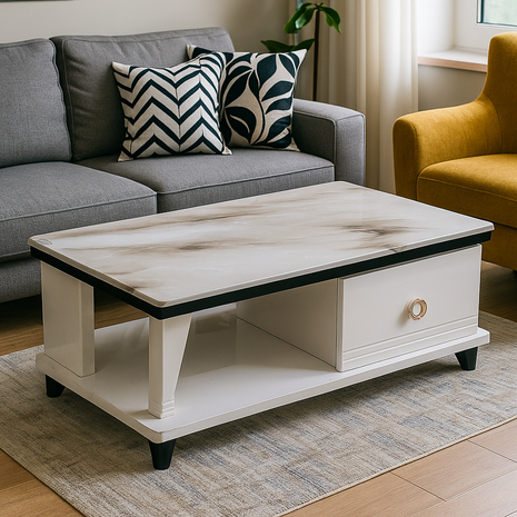 Aurora White Marble-Top Coffee Table with Drawer & Open Shelf - Orient Furniture Palace
