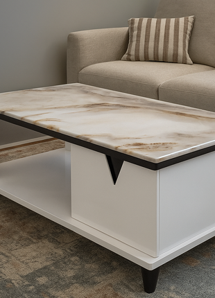 Celestia Luxe White Coffee Table with High-Gloss Marble Top & Dual Storage - Orient Furniture Palace