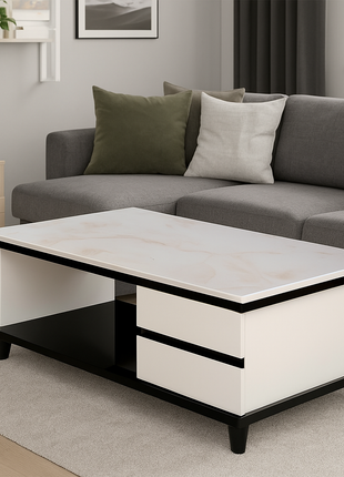 Nova Modern White & Black Coffee Table with Dual Drawers and Open Shelf - Orient Furniture Palace