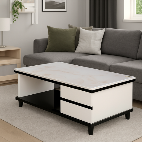 Nova Modern White & Black Coffee Table with Dual Drawers and Open Shelf - Orient Furniture Palace