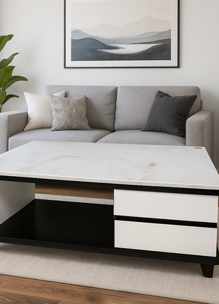 Nova Modern White & Black Coffee Table with Dual Drawers and Open Shelf - Orient Furniture Palace