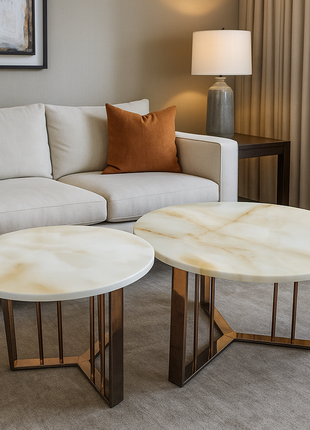Solstice Duo – Round Onyx-Finish Nesting Tables with Bronze Base (Set of 2) - Orient Furniture Palace