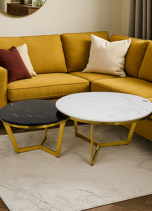 Lunara Duo – Black & White Marble Nesting Tables with Gold Angular Base (Set of 2) - Orient Furniture Palace