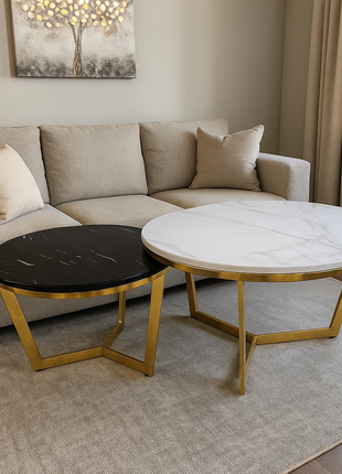 Lunara Duo – Black & White Marble Nesting Tables with Gold Angular Base (Set of 2) - Orient Furniture Palace
