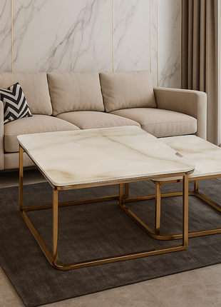 Palermo Duo – Square Beige Marble Nesting Tables with Matte Gold Frame (Set of 2) - Orient Furniture Palace