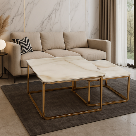 Palermo Duo – Square Beige Marble Nesting Tables with Matte Gold Frame (Set of 2) - Orient Furniture Palace