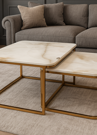 Palermo Duo – Square Beige Marble Nesting Tables with Matte Gold Frame (Set of 2) - Orient Furniture Palace