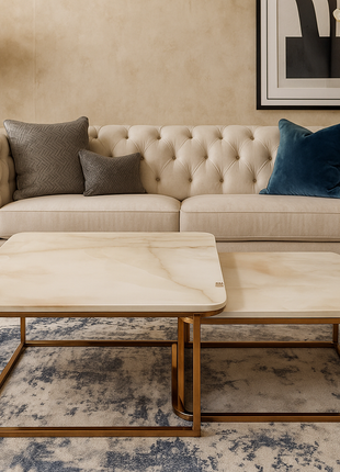 Palermo Duo – Square Beige Marble Nesting Tables with Matte Gold Frame (Set of 2) - Orient Furniture Palace