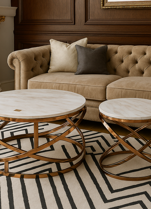 Orion Duo – Spiral Base White Marble Nesting Tables in Polished Copper Gold (Set of 2) - Orient Furniture Palace