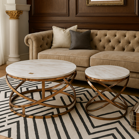 Orion Duo – Spiral Base White Marble Nesting Tables in Polished Copper Gold (Set of 2) - Orient Furniture Palace
