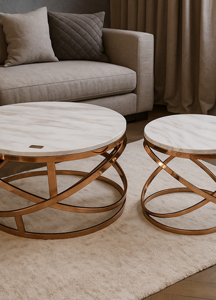 Orion Duo – Spiral Base White Marble Nesting Tables in Polished Copper Gold (Set of 2) - Orient Furniture Palace