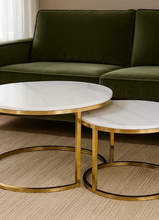 Lucent Duo – White Marble Nesting Tables with Polished Gold Frame (Set of 2) - Orient Furniture Palace