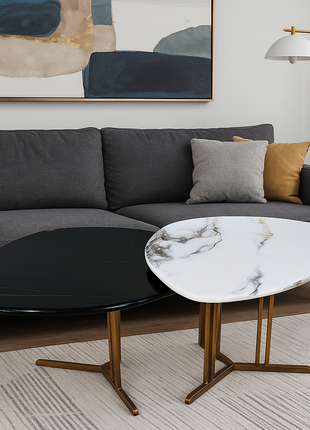 Nova Eclipse Duo – Black & White Marble Nesting Tables with Gold Cross Base (Set of 2) - Orient Furniture Palace