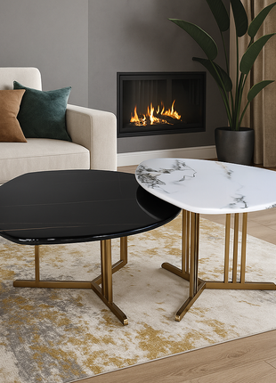 Nova Eclipse Duo – Black & White Marble Nesting Tables with Gold Cross Base (Set of 2) - Orient Furniture Palace