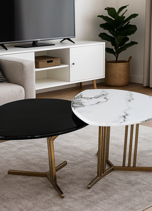 Nova Eclipse Duo – Black & White Marble Nesting Tables with Gold Cross Base (Set of 2) - Orient Furniture Palace