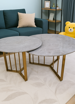 Slateform Duo – Concrete Grey Nesting Tables with Matte Gold Base (Set of 2) - Orient Furniture Palace