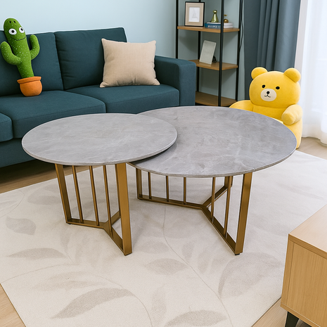 Slateform Duo – Concrete Grey Nesting Tables with Matte Gold Base (Set of 2) - Orient Furniture Palace