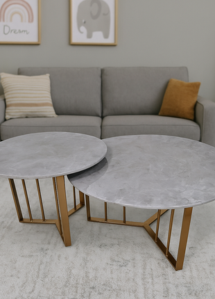 Slateform Duo – Concrete Grey Nesting Tables with Matte Gold Base (Set of 2) - Orient Furniture Palace