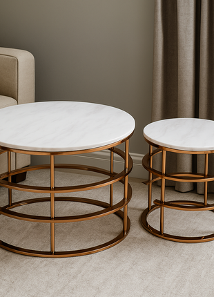 Modern Nesting Coffee Table Set – White Marble Finish with Gold Barrel Frame (Set of 2) - Orient Furniture Palace