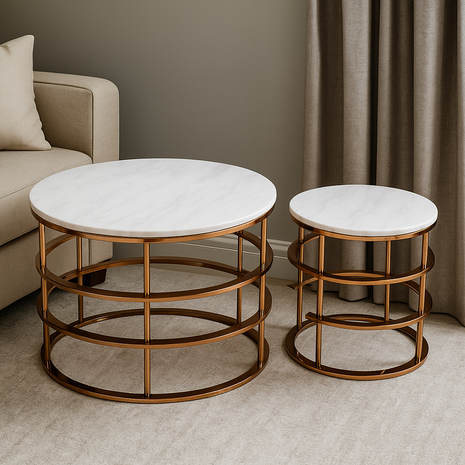 Modern Nesting Coffee Table Set – White Marble Finish with Gold Barrel Frame (Set of 2) - Orient Furniture Palace