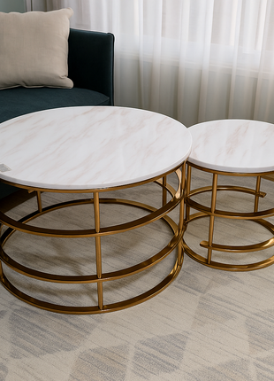 Modern Nesting Coffee Table Set – White Marble Finish with Gold Barrel Frame (Set of 2) - Orient Furniture Palace
