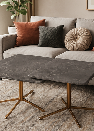 Modern Noir Twin Coffee Tables – Matte Stone Finish with Gold Cross Legs (Set of 2) - Orient Furniture Palace