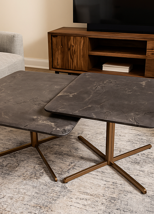 Modern Noir Twin Coffee Tables – Matte Stone Finish with Gold Cross Legs (Set of 2) - Orient Furniture Palace