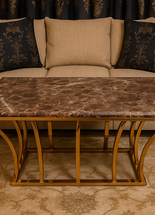 Imperial Luxe Coffee Table – Brown Marble Top with Gold Sculpted Base - Orient Furniture Palace