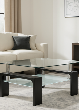 Aero Edge Glass Coffee Table – Minimalist Black Frame with Dual Glass Tiers - Orient Furniture Palace