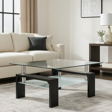 Aero Edge Glass Coffee Table – Minimalist Black Frame with Dual Glass Tiers - Orient Furniture Palace