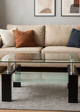 Aero Edge Glass Coffee Table – Minimalist Black Frame with Dual Glass Tiers - Orient Furniture Palace