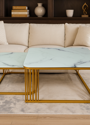 Carrara Luxe Nesting Tables – White Marble Top with Golden Geometric Frame (Set of 2) - Orient Furniture Palace