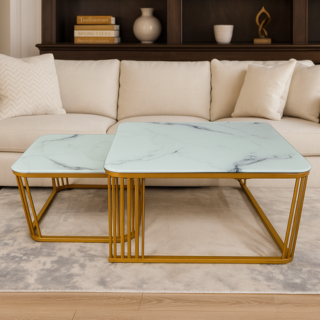 Carrara Luxe Nesting Tables – White Marble Top with Golden Geometric Frame (Set of 2) - Orient Furniture Palace