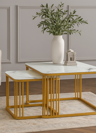Carrara Luxe Nesting Tables – White Marble Top with Golden Geometric Frame (Set of 2) - Orient Furniture Palace