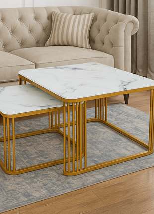 Carrara Luxe Nesting Tables – White Marble Top with Golden Geometric Frame (Set of 2) - Orient Furniture Palace