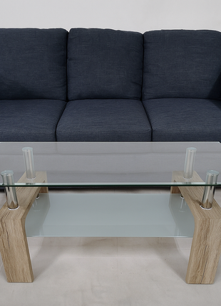Verro Glass Center Table – Tempered Top with Rustic Oak Legs & Frosted Shelf - Orient Furniture Palace