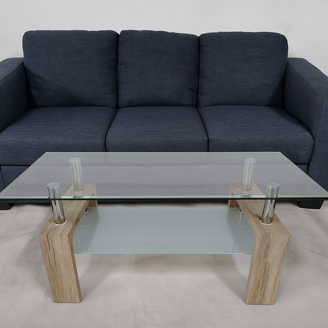 Verro Glass Center Table – Tempered Top with Rustic Oak Legs & Frosted Shelf - Orient Furniture Palace