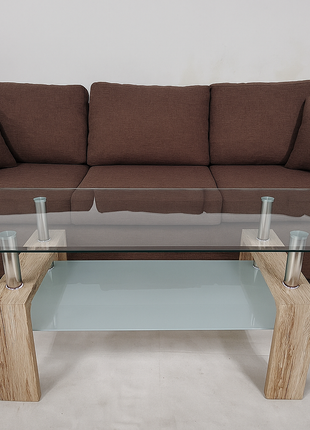 Verro Glass Center Table – Tempered Top with Rustic Oak Legs & Frosted Shelf - Orient Furniture Palace