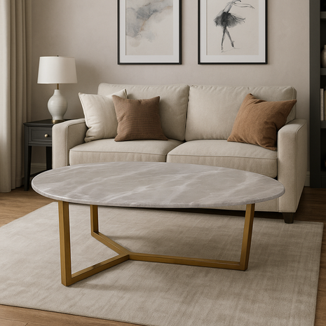 Serena Oval Center Table – Stone-Finish Top with Champagne Gold Base - Orient Furniture Palace